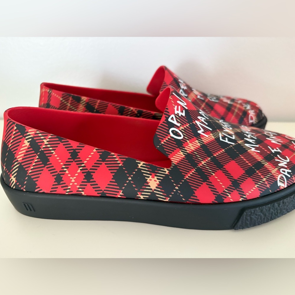 Melissa Vibrant Red Plaid Slip-Ons size 6
